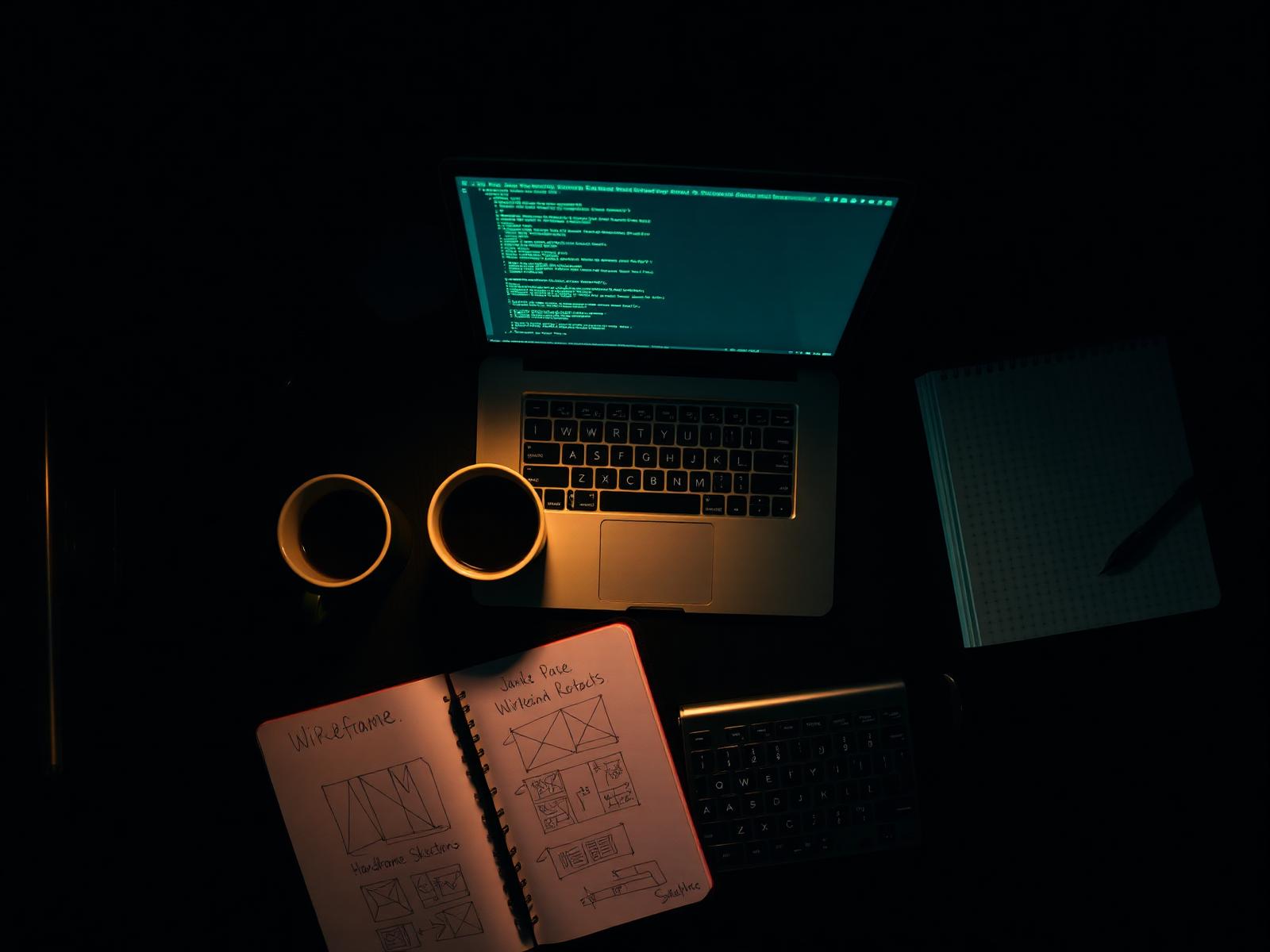 Overhead of a MacBook with a terminal open, a notebook of wireframe sketches beside it