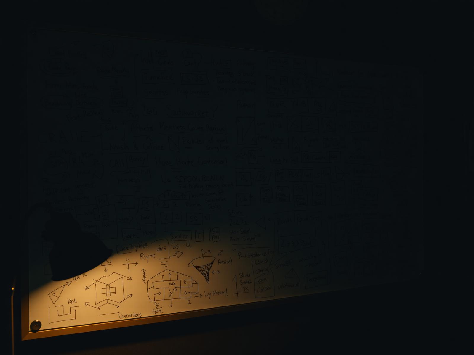 A dark studio whiteboard covered in growth diagrams, funnels, and hand-written notes